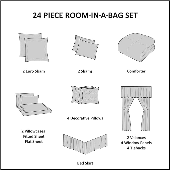Madison Park Essentials Brystol 24 Piece Room in a Bag Faux Silk Comforter Jacquard Paisley Design Matching Curtains Down Alternative Hypoallergenic All Season Bedding-Set, King(104"x92"), Brown - LeafyLoom