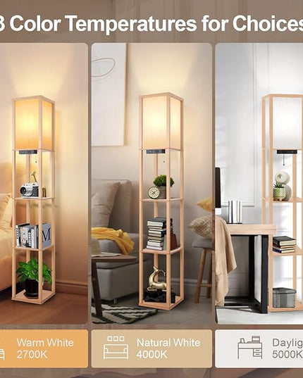 OUTON Floor Lamp with Shelves, LED Shelf Floor Lamp with 1 USB & 1 Type C Ports, 1 AC Outlet, 3 Color Temperature, Storage Display Wood Column Tall Standing Lamp for Living Room, Bedroom Office, Wood - LeafyLoom