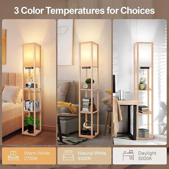OUTON Floor Lamp with Shelves, LED Shelf Floor Lamp with 1 USB & 1 Type C Ports, 1 AC Outlet, 3 Color Temperature, Storage Display Wood Column Tall Standing Lamp for Living Room, Bedroom Office, Wood - LeafyLoom