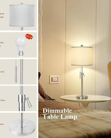 Brushed Nickel Table Lamps Set of 2: 22" to 30" Height Adjustable Nightstand Lamps with Grey Linen Shade Pull Chain Switch Silver Pole Beside Lamp for Living Room Bedroom (Brushed Nickel,Grey Shade) - LeafyLoom