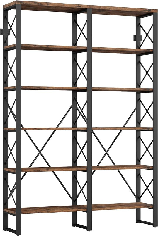 IRONCK Bookshelf Double Wide 6-Tier 76" H, Open Large Bookcase, Industrial Style Shelves, Wood and Metal Bookshelves for Home Office, Easy Assembly - LeafyLoom