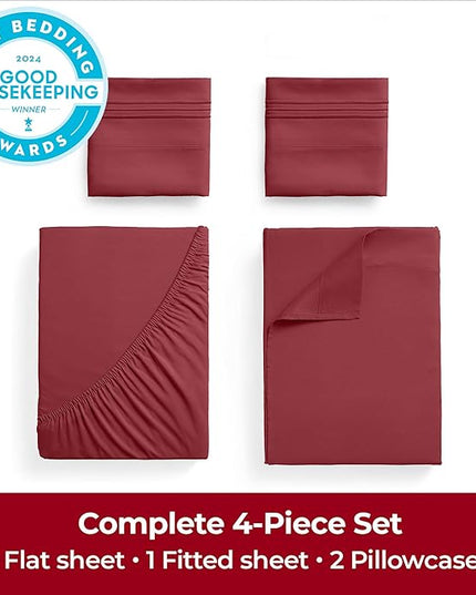 Mellanni Extra Deep Full Sheets - 4 PC Iconic Collection Bedding Sheets & Pillowcases - Hotel Luxury, Ultra Soft, Cooling Bed Sheets - Extra Deep Pocket up to 21 inch (Full, Brick Red) - LeafyLoom