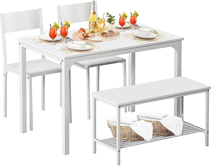 sogesfurniture 4-Piece Dining Table Set with 1 Bench and 2 Chairs, Kitchen Bench Table Set for 4, Wooden Kitchen Table and Chairs for Limited Space,White - LeafyLoom