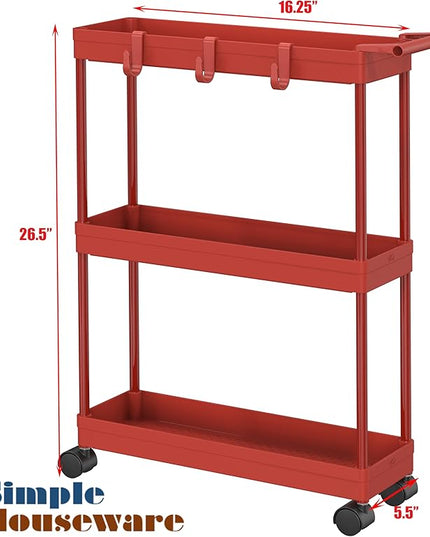 SimpleHouseware Kitchen Cart Storage 3-Tier Slim/Super Narrow Shelves with Handle, 26.5'' Height/5.5'' Width for Narrow Place, Red - LeafyLoom