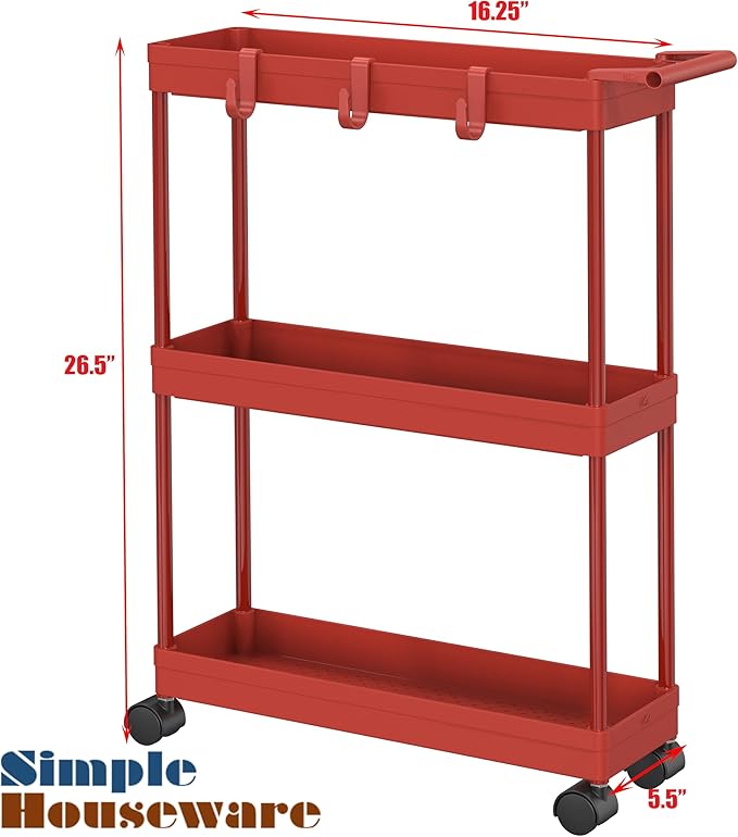 SimpleHouseware Kitchen Cart Storage 3-Tier Slim/Super Narrow Shelves with Handle, 26.5'' Height/5.5'' Width for Narrow Place, Red - LeafyLoom