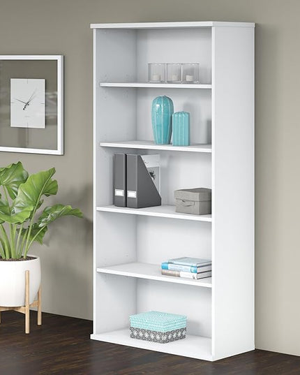 Bush Business Furniture Studio C Tall 5 Shelf Bookcase in White, Large Bookshelf for Home or Professional Office - LeafyLoom