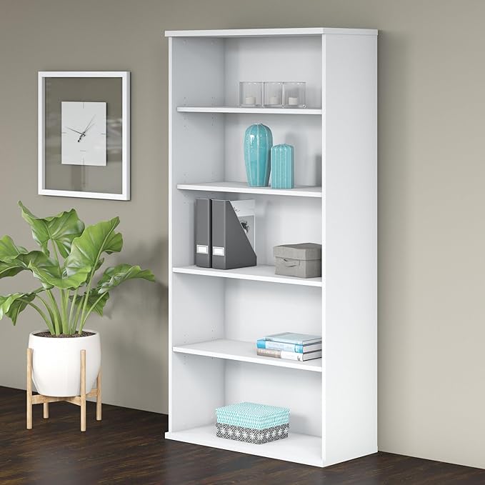 Bush Business Furniture Studio C Tall 5 Shelf Bookcase in White, Large Bookshelf for Home or Professional Office - LeafyLoom