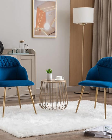 Velvet Dining Chairs Sets of 2, Modern Upholstered Accent Side Chairs with Arm Gold Metal Legs for Kitchen Living Bed Room, Blue - LeafyLoom