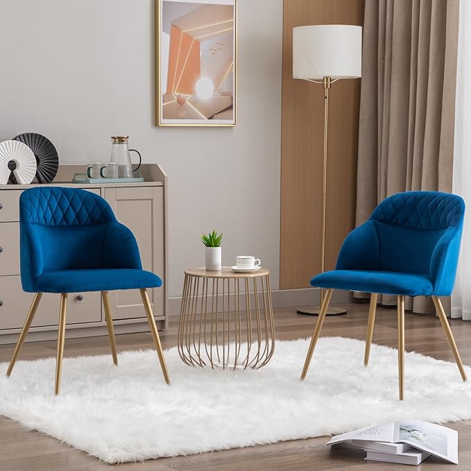 Velvet Dining Chairs Sets of 2, Modern Upholstered Accent Side Chairs with Arm Gold Metal Legs for Kitchen Living Bed Room, Blue - LeafyLoom