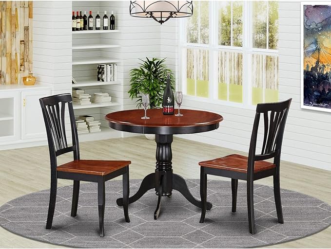 East West Furniture ANAV3-BLK-W 3 Piece Kitchen Set for Small Spaces Contains a Round Table with Pedestal and 2 Dining Room Chairs, 36x36 Inch - LeafyLoom