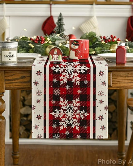 Artoid Mode Buffalo Plaid Snowflakes Christmas Table Runner, Seasonal Winter Kitchen Dining Table Decoration for Home Party Decor 13x120 Inch ArtoidMode