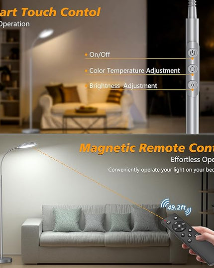 LED Floor Lamp, 18W Bright Floor Lamps for Living Room, Stepless Adjustable Colors & Brightness Standing Lamp with Timer, Remote & Touch Control, Eye Caring Reading Lights for Bedroom,Office - LeafyLoom