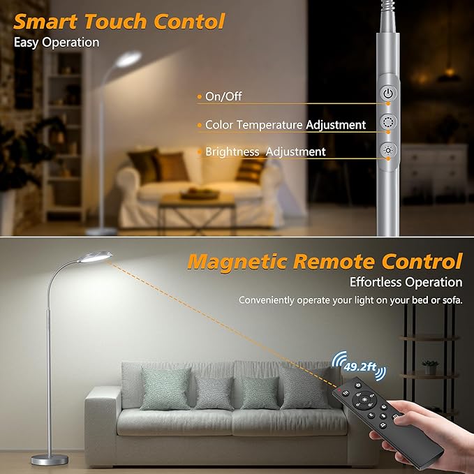 LED Floor Lamp, 18W Bright Floor Lamps for Living Room, Stepless Adjustable Colors & Brightness Standing Lamp with Timer, Remote & Touch Control, Eye Caring Reading Lights for Bedroom,Office - LeafyLoom