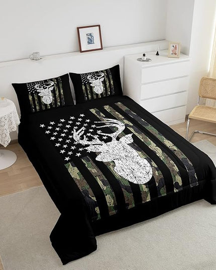 American Flag Comforter Set,Deer Hunting Down Comforter King,Army Green Military Camo Bedding Set For Boys Teens Kids Man,Western Farmhouse Stars Stripes Bedding Quilt Set Bedroom Decor 3 Pcs - LeafyLoom