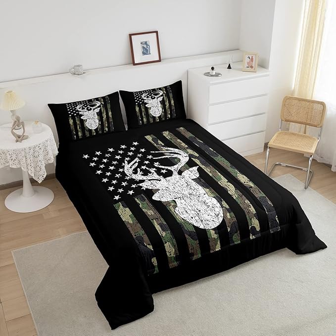 American Flag Comforter Set,Deer Hunting Down Comforter King,Army Green Military Camo Bedding Set For Boys Teens Kids Man,Western Farmhouse Stars Stripes Bedding Quilt Set Bedroom Decor 3 Pcs - LeafyLoom