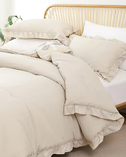 JANZAA Queen Size Comforter Beige Ruffle Comforter Set for Queen Bed 3PCS (1 Off White Comforter and 2 Pillowcases) Vintage Shabby Chic Bedding Soft Fluffy Bed Set for All Season - LeafyLoom