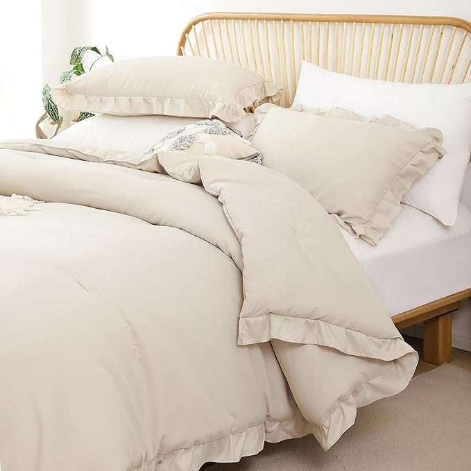 JANZAA King Size Comforter Set Beige Ruffle Comforter 3PCS Soft Fluffy Boho Comforter Vintage Farmhouse Bed Set Shabby Chic Bedding with 2 Pillowcases for All Season - LeafyLoom