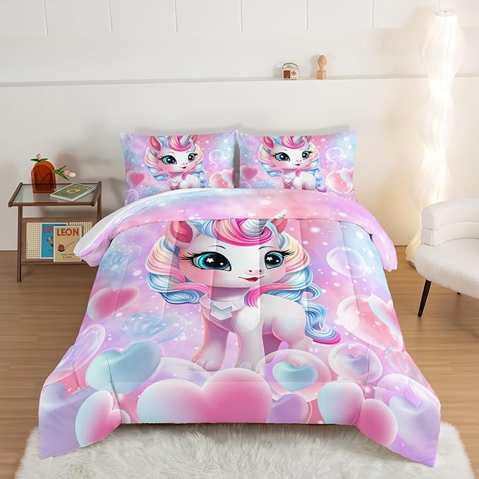 HOSIMA Unicorn Bedding Sets for Girls Teens,Cartoon Kawaii Unicorn Comforter Bubble and Love Heart Bedding Set,Fantasy Unicorn Bedroom Decor for Girls Pink Purple Queen Comforter Set. - LeafyLoom