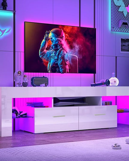 HOUAGI LED TV Stand for 50/55/60/65/70 Inch TVs,Modern Entertainment Center with Storage Drawer and Glass shelf, TV Console Table for Living room,Bedroom,White - LeafyLoom