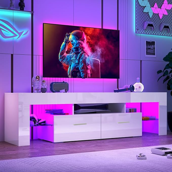 HOUAGI LED TV Stand for 50/55/60/65/70 Inch TVs,Modern Entertainment Center with Storage Drawer and Glass shelf, TV Console Table for Living room,Bedroom,White - LeafyLoom