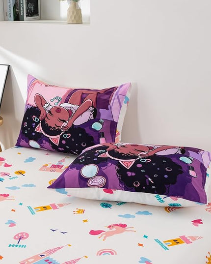 A Nice Night Purple Comforter Sets,Black Girl Listening Music Printed, 6Pcs Bed in A Bag Full Size All Seasons Bedding Set,for Kids, Girls - LeafyLoom