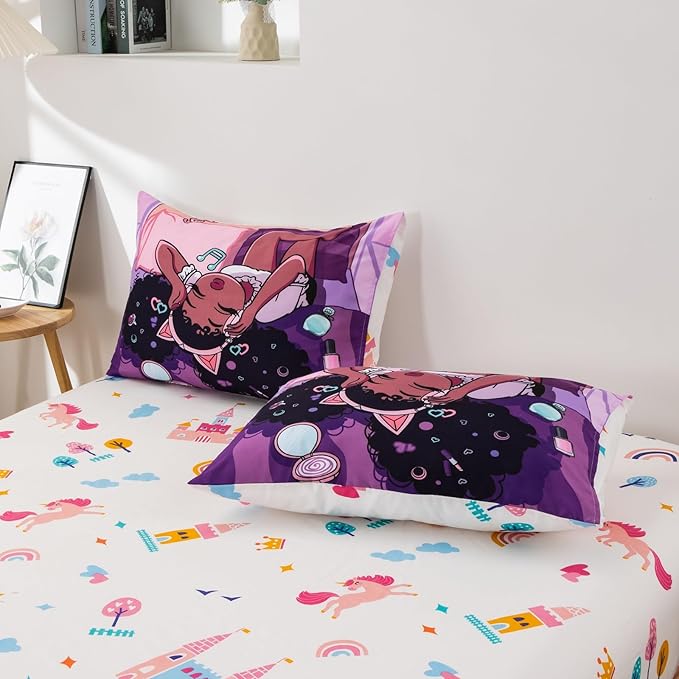 A Nice Night Purple Comforter Sets,Black Girl Listening Music Printed, 6Pcs Bed in A Bag Full Size All Seasons Bedding Set,for Kids, Girls - LeafyLoom