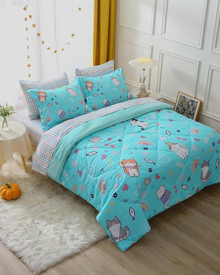 Cute Kids Cat Comforter Set Full Size 7 Piece Blue Rainbow Star Sun Heart Bed in A Bag Kawaii Animal Butterfly Fish Bedding Set for Girls Boys Teens Super Soft All Season - LeafyLoom