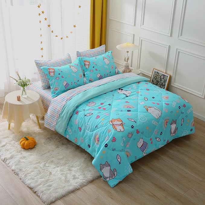 Cute Kids Cat Comforter Set Full Size 7 Piece Blue Rainbow Star Sun Heart Bed in A Bag Kawaii Animal Butterfly Fish Bedding Set for Girls Boys Teens Super Soft All Season - LeafyLoom