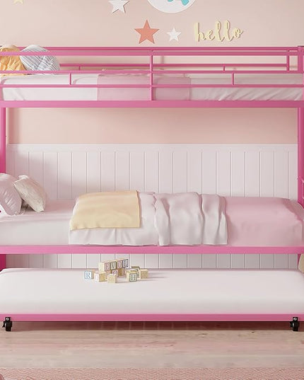 VECELO Twin Over Twin Bunk Bed with Trundle, Metal Bunkbeds with Ladder and Full-Length Guardrail, Noise Free, No Box Spring Needed, Pink - LeafyLoom