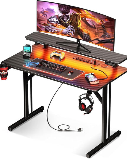 MOTPK Small Gaming Desk with LED Lights & Power Outlets, 31 Inch Computer Desk Gaming Table with Monitor Shelf, Gamer Desk with Carbon Fiber Texture, Kids Boys Desk Gift for Men - LeafyLoom