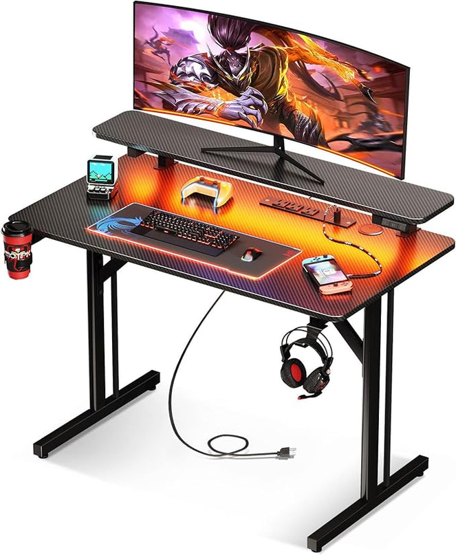 MOTPK Small Gaming Desk with LED Lights & Power Outlets, 31 Inch Computer Desk Gaming Table with Monitor Shelf, Gamer Desk with Carbon Fiber Texture, Kids Boys Desk Gift for Men - LeafyLoom