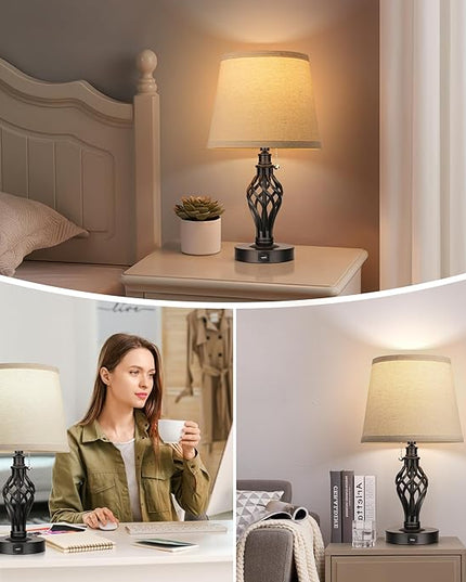 PARTPHONER Table Lamps Set of 2, Farmhouse Bedside Lamps with USB Ports, Nightstand Lamp Cream Drum Shade Spiral Cage Base Desk Lamps for Living Room Bedroom Study Room without Bulb - LeafyLoom