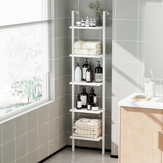 NUMENN Industrial Ladder Shelf, 5 Tier Book Shelf, Open Space Wall Mount Bookshelf with Metal Frame, Sturdy Book Shelves, Bookcase for Living Room, Home Office, White - LeafyLoom