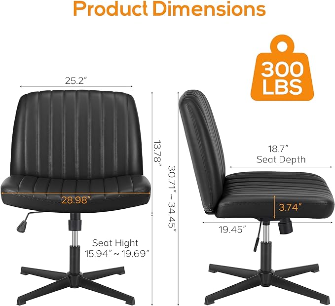 Criss Cross Chair, Cross Legged Office Chair, Wide Comfty Desk Chair, No Wheels Armless Computer Task Chair, Swivel Vanity Home Chair, Height Adjustable - LeafyLoom
