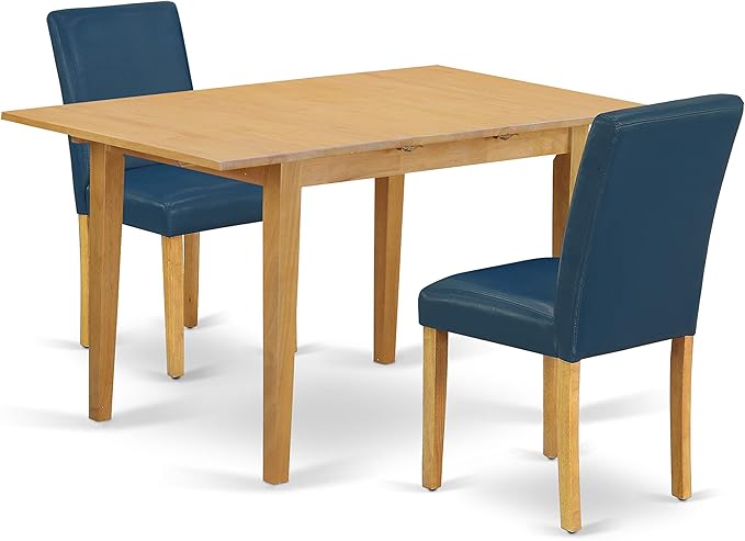 East West Furniture NOAB3-OAK-55 3 Piece Kitchen Table & Chairs Set Contains a Rectangle Dining Table with Butterfly Leaf and 2 Oasis Blue Faux Leather Parson Chairs, 32x54 Inch, Oak - LeafyLoom
