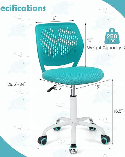 Kids Desk Chair, Ergonomic Kids Office Chair Ages8-12 w/Lumbar Support, Low-Back Teen Desk Chair for Girls Boys, Small Cute Kids Computer Chair for Bedroom/Study/Vanity Desk, Turquoise - LeafyLoom
