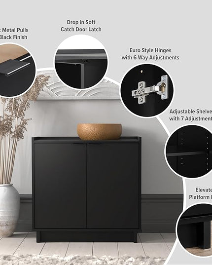 Prepac Simply Modern 2 Console Table Doors and Shelves, Buffet Cabinet with Storage, 30.75" W x 30" H x 16" D, Black - LeafyLoom