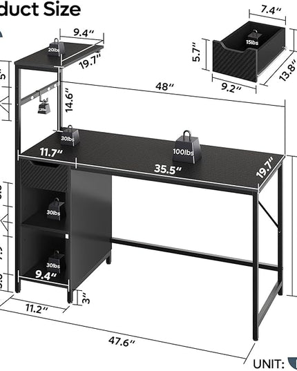 Bestier Gaming Desk with Drawer and LED Lights, 48 inch Computer Desk PC Table with Adjustable Storage Shelves & Hook for Home Office, Carbon Fiber Black - LeafyLoom