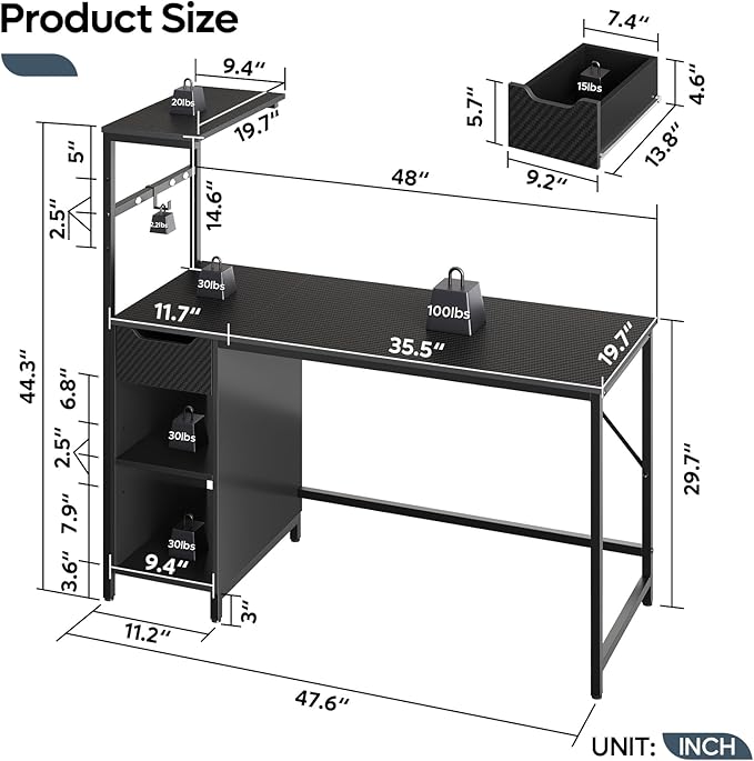 Bestier Gaming Desk with Drawer and LED Lights, 48 inch Computer Desk PC Table with Adjustable Storage Shelves & Hook for Home Office, Carbon Fiber Black - LeafyLoom