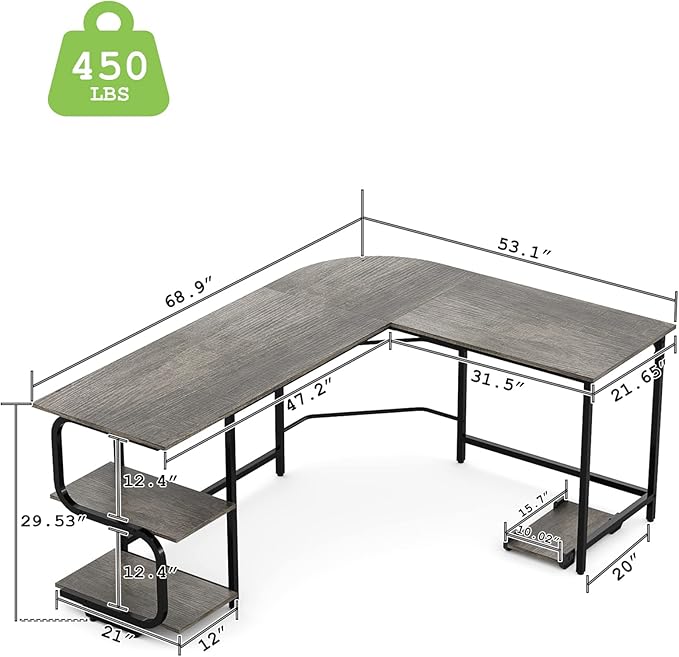 Teraves Reversible L Shaped Desk with Large Surface, 69 Inch Sturdy Corner Desk with Storage Shelves, Premium Office Computer Desk Workstation for Home Office Gaming - LeafyLoom