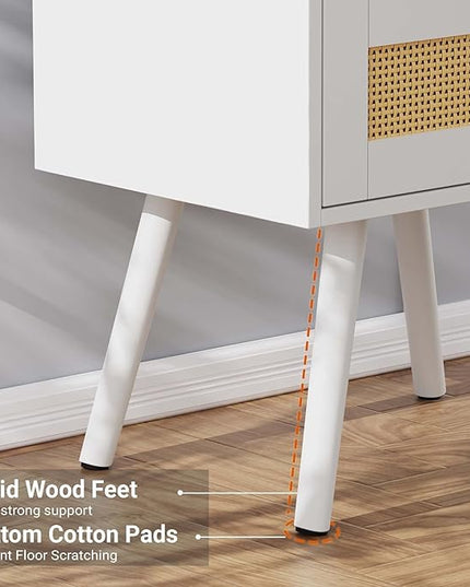SUPERJARE Nightstand with Charging Station & Rattan-Like Decor Drawer, Rattan End Table with Solid Wood Feet, Bed Side Table with Open Storage, for Bedroom, Living Room, Dormitory - White - LeafyLoom