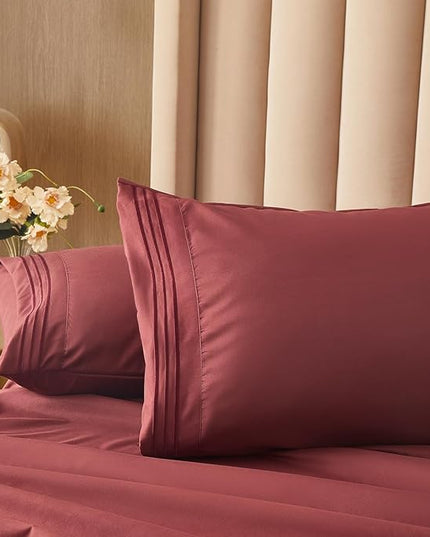 Bed Sheet Set - Brushed Microfiber Bedding - Bedding Sheets & Pillowcases - Deep Pockets - Easy Fit - Breathable & Soft Hotel Sheets - 4 Piece Queen Burgundy - LeafyLoom