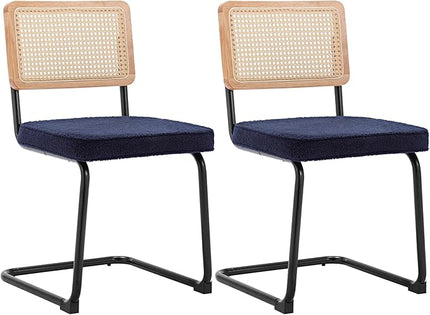 Rattan Dining Chairs Set of 2, Mid Century Modern Sherpa Dining Room Kitchen Chairs with Cane Back, Metal Chrome Legs, Upholstered Wicker Armless Accent Chairs, Blue - LeafyLoom