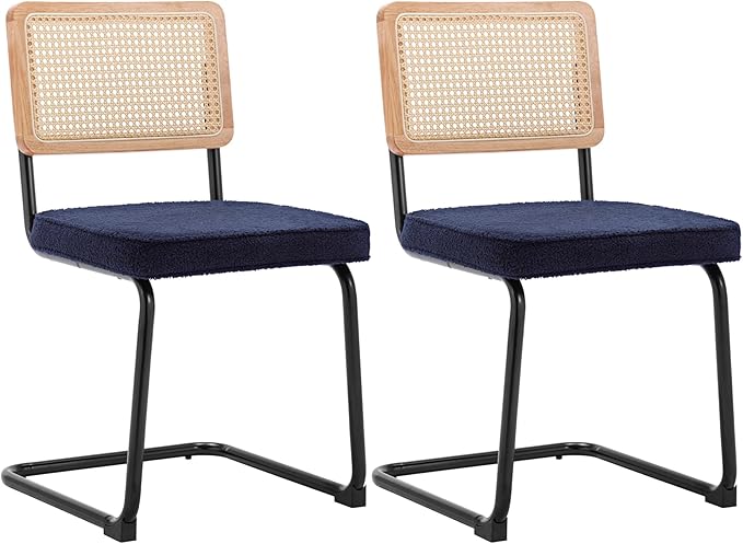 Rattan Dining Chairs Set of 2, Mid Century Modern Sherpa Dining Room Kitchen Chairs with Cane Back, Metal Chrome Legs, Upholstered Wicker Armless Accent Chairs, Blue - LeafyLoom