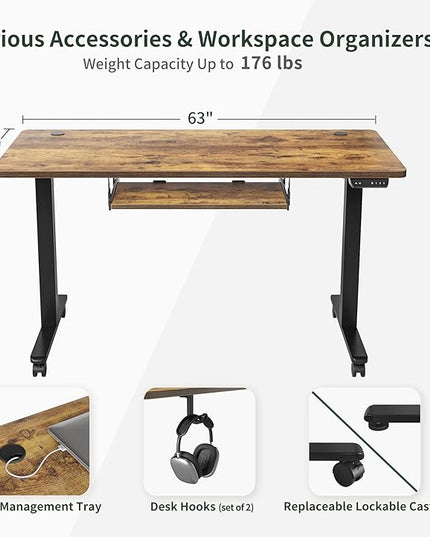 FEZIBO Standing Desk with Keyboard Tray, 63 × 24 Inches Electric Height Adjustable Desk, Sit Stand Up Desk, Computer Office Desk, Rustic Brown - LeafyLoom