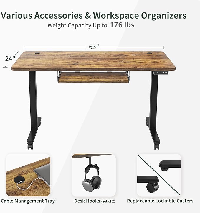 FEZIBO Standing Desk with Keyboard Tray, 63 × 24 Inches Electric Height Adjustable Desk, Sit Stand Up Desk, Computer Office Desk, Rustic Brown - LeafyLoom