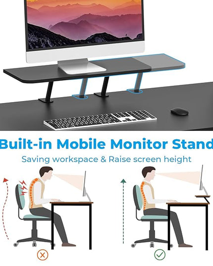 GreenForest Computer Desk 58 inch with Storage Printer Shelf Reversible Gaming Home Office Desk with Movable Monitor Stand and 2 Headphone Hooks for Study Writing PC Working, Black - LeafyLoom