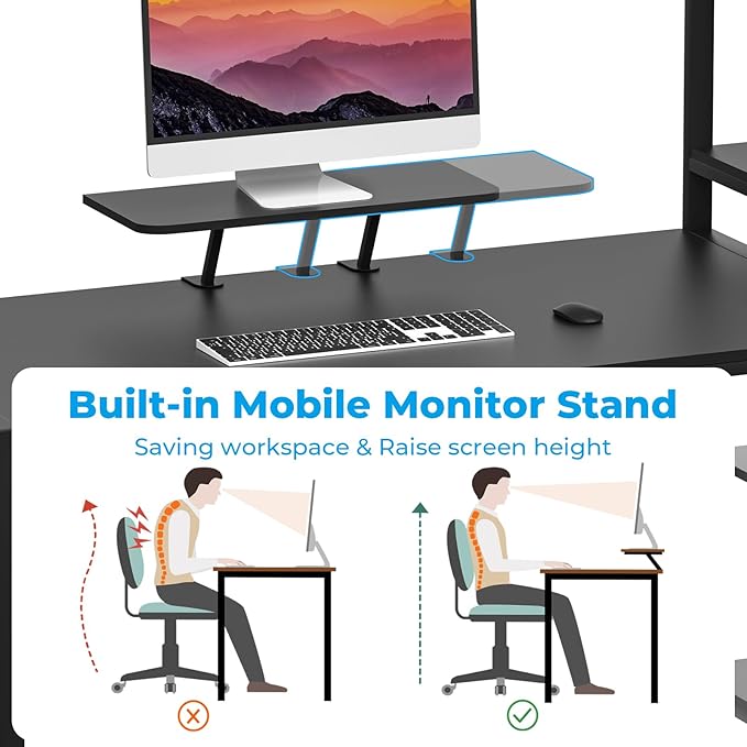 GreenForest Computer Desk 58 inch with Storage Printer Shelf Reversible Gaming Home Office Desk with Movable Monitor Stand and 2 Headphone Hooks for Study Writing PC Working, Black - LeafyLoom