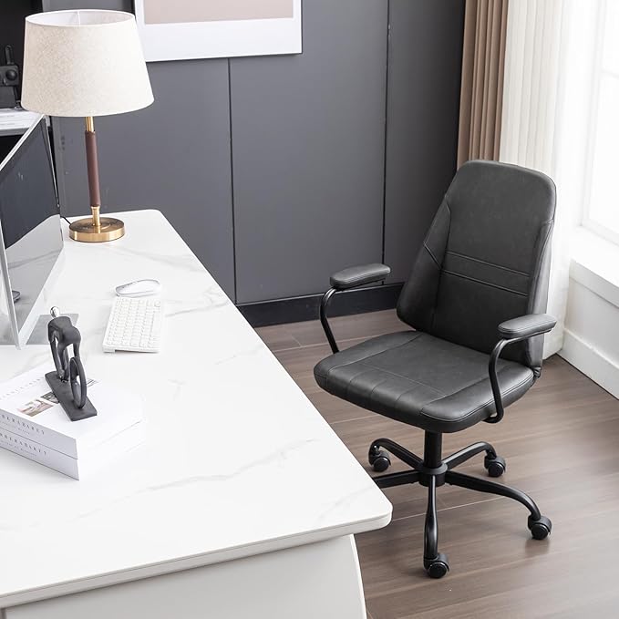 Executive Office Chair, Home Office Desk Chair, Mid Back PU Leather Desk Chair, 360° Swivel Computer Chair, Height Adjustable Tilt Vanity Task Chair for Office, Reading Meeting Room - LeafyLoom