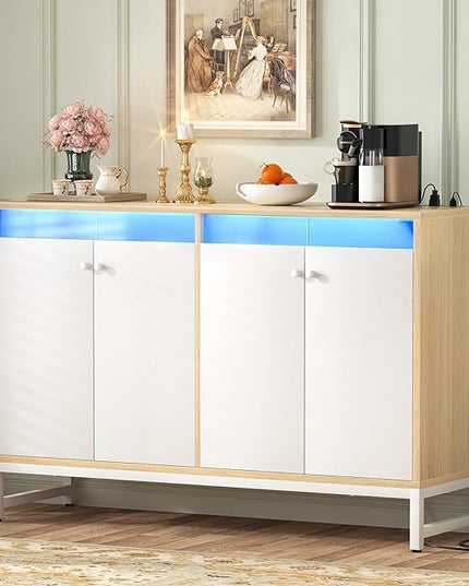 Aheaplus Sideboard Buffet Cabinet with Power Outlet, Kitchen Storage Cabinet with LED Light & Acrylic Doors, Accent Cabinet Cupboard Console Table for Dining Room, Kitchen, Hallway, Natural - LeafyLoom